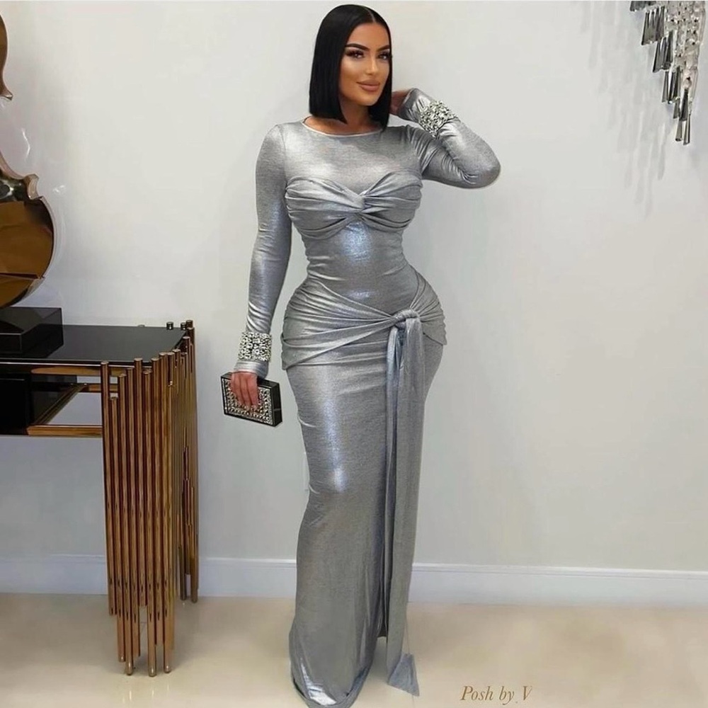 Silver Long-Sleeve Metallic Evening Gown
